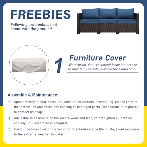 Valita Patio Furniture 3-seat Sofa Brown Wicker Outdoor Furniture Outdoor Couch Deep Seat High Backrest Waterproof Cover Anti-Slip Washable Cushions, Navy Blue