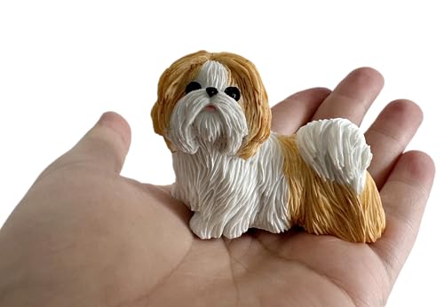 TALKLEK Figura de resina realista de Shih Tzu de 2.87 pulgadas, regalos conmemorativos de perros, decoración de coche, estatua coleccionable de Shih Tzu (amarillo y blanco, 2.87 pulgadas x ancho 1.38