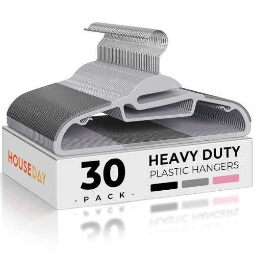 Image of HOUSE DAY Slim Plastic Hangers with Non Slip Rubber Pads, 30 Pack, Grey | Space saving closet organizer, heavy duty S-shape, rubber grip pads help keep shirts, suits, coats, pants, skirts in place