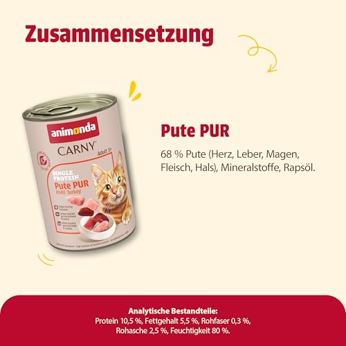animonda Carny Katzen Nassfutter Single Protein Pute Pur (6 x 400g), Katzenfutter nass mit nur einer Proteinquelle, Futter für ausgewachsene Katzen mit Putenfleisch