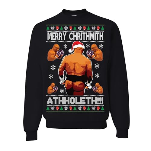 wild custom apparel Mike Tyson Merry Christmas Athholeth Funny Ugly Christmas Sweater Crewneck Sweatshirt, Black, Small