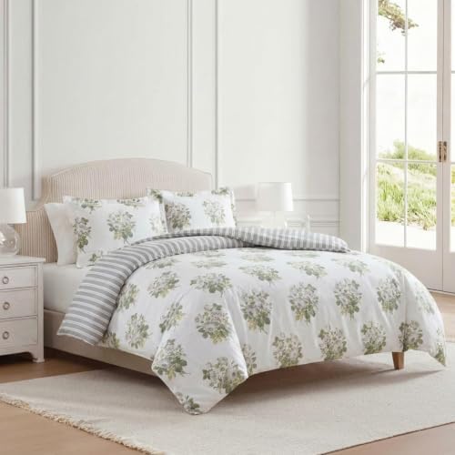 Image of Martha Stewart - King Comforter Set, Smooth Sateen Front with Subtle Sheen & Lightweight Cotton Percale Reverse, 3 Piece Bed Set with Matching Pillowcases (Eloise Floral Grey)