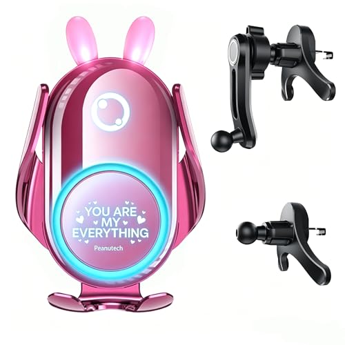 Cargador inalámbrico de coche Peanutech con sujeción automática y soporte de teléfono rosa para vehículo