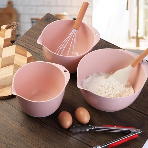 3 Mixing Bowls Set with Lids,Pour Spout and TPR Bottom, Plastic Nesting Bowl Use for Kitchen Cooking-Prep,Serving,Baking Bread Cake,Pancake,Waffle,Non-slip,Dishwasher Safe,3Qt,2Qt,1.5Qt,Pink - Thumbnail 3