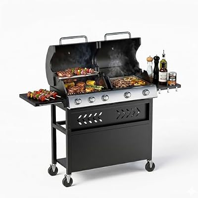 Garvee 5 Burner Propane Gas Grill Griddle Combo with Porcelain Enamel Cast Iron Grate & Cast Iron Pan – Dual BBQ Grill with Flat Top Griddle, 40,000 BTU Large Outdoor Gas Grill for Backyard Kitchen