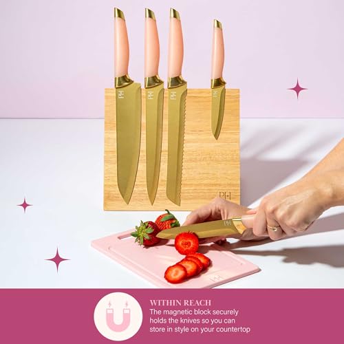 Paris Hilton Knife Block Set with Magnetic Wooden Knife Block, High Carbon Stainless Steel Blades with Titanium Coating, Sleek Comfortable Grip Handles, 6-Piece Set, Pink and Gold by Paris Hilton - Image 6