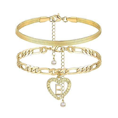 Image of YANODA Gold Ankle Bracelets for Women Waterproof, 14k Gold Plated Layered Snake Anklets Figaro Chain Letter Initial Anklets Handmade Heart Ankle Bracelets Personalized for Women Beach Jewelry Gifts
