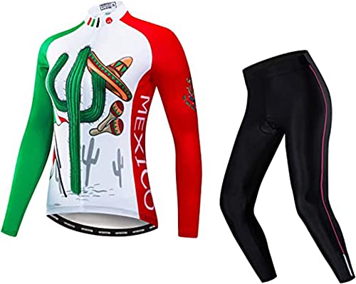 Women's Cycling Jersey Set Long Sleeve Bike Clothing Reflective+5D Padded Long Pants Autumn Winter