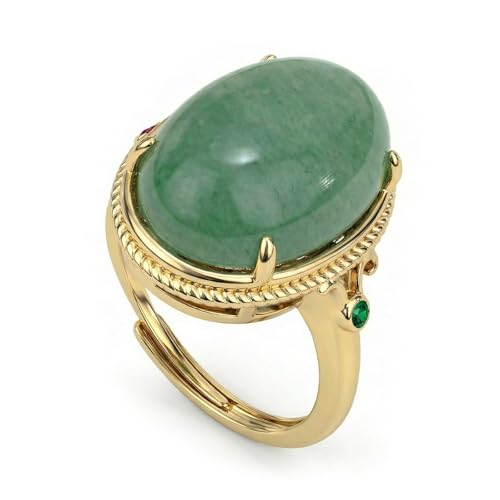 TSdiyART Rose Quartz Ring, Oval Shaped Natural Pink Crystal Rings for Women, Handmade Gold Plated Adjustable Ring Rose Quartz Jewelry (Green Jade)