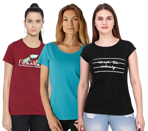 Image of MODISH women's round neck cap sleeve printed cotton t-shirts combo of 3 t-shirts