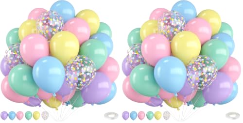 Image of Pastel Balloons,12 Inch Rainbow Macaron Pink Blue Purple Green Yellow Colorful Confetti Balloons with Ribbon,for Birthday Baby Shower Tea Ice Cream Engagement Party Decorations (Pack of 2)