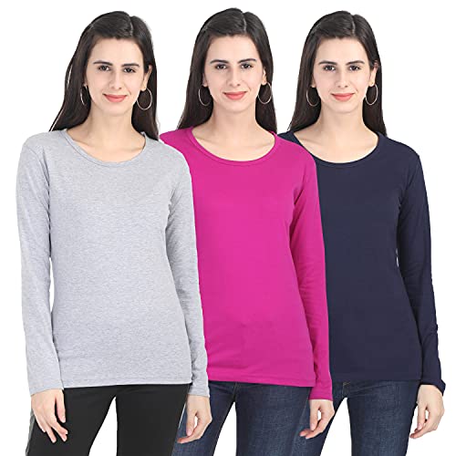 Image of FLEXIMAA Women's Cotton Plain Round Neck Full Sleeve T-Shirt
