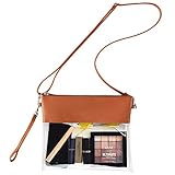 Clear Crossbody Purse Bag Stadium Approved Fashion Clear Bag PU Leather Wristlet Handbag with Adjustable Shoulder Strap for Events Concerts Festivals Work - Brown