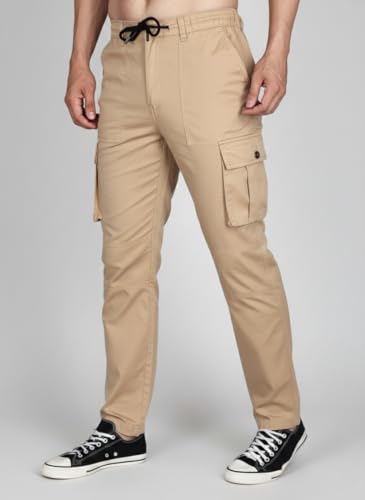 Image of Vogaan Men's Cotton Cargo Pants | Casual Trousers for Men | Comfortable Lower for Men | Breathable Pants with 6 Pockets & Drawstring Elastic Waistband