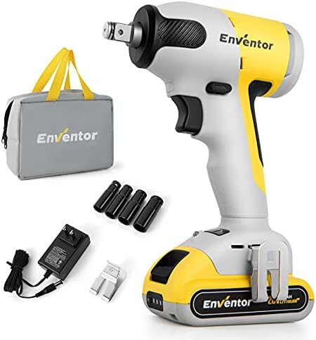 Enventor Cordless Impact Wrench, Brushless Compact Impact Wrench 1/2 inch Max Torque 2700 in-lbs (300Nm), Power Impact Gun with 2.0A Li-ion Battery, Fast Charger, 4 Sockets, Tool Bag and Belt Clip