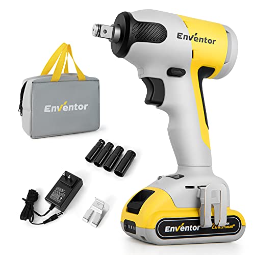 Enventor Cordless Impact Wrench, Brushless Compact Impact Wrench 1/2 Inch Max Torque 2700 In-Lbs (300Nm), Power Impact Gun With 2.0A Li-Ion Battery, Fast Charger, 4 Sockets, Tool Bag And Belt Clip #TOP11