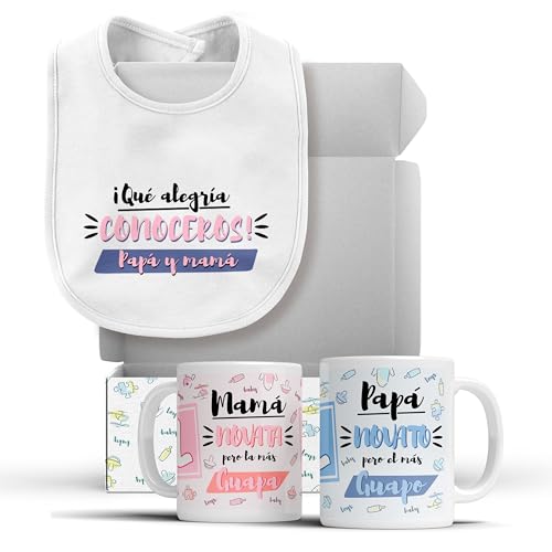 LINFORMAL | Pacote para mãe e pai primeiros com babador para escolher | 2 chávenas de pequeno-almoço bebé babador | presente de gravidez e futura mãe | presente original primeiro dia do pai | 350 ml