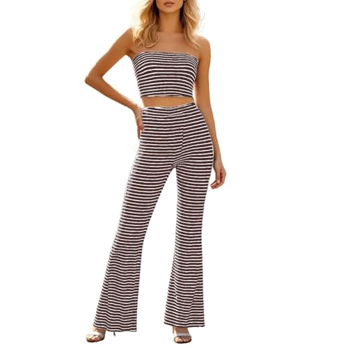 Pantalon rayé deux pièces stretch haut slim fit ensemble fluide mode moderne