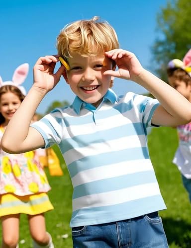 Image of COSLAND Blue and White Boys Striped Polo Shirt, Sky Blue & White,XS