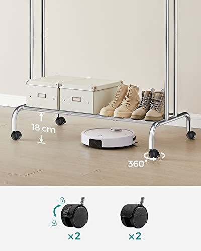 SONGMICS Wieszak na ubrania z kółkami, podwójny drążek, stalowy wieszak na ubrania, obciążenie 100 kg, szerokość 103,5 cm, uniwersalne przechowywanie, srebrny HSR107E01