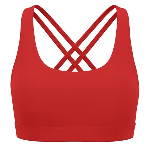 DOCUMO Girls Sports Bra Criss Corss Back Training Bras for Girls Padded Scoop Neck for Kids Teens Athletic Yoga Dance Crop Top (Red Large)