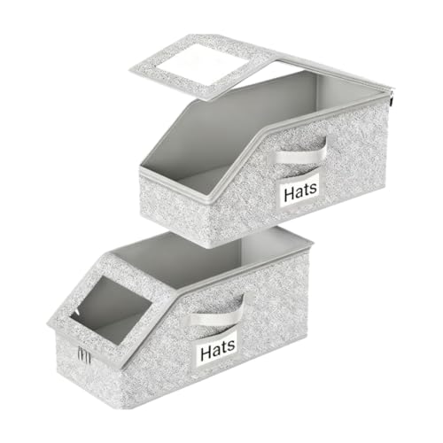 flaxarne Scatola impilabile porta cappellini e cappelli, organizzatore pieghevole con finestra trasparente, set di 2 scatole per armadio e scaffale, grigio 42×22×17cm