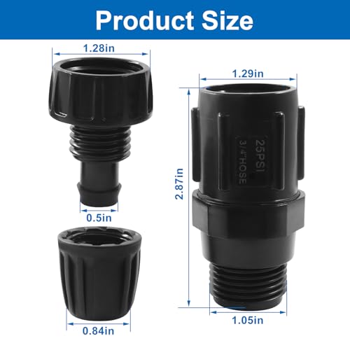 Aoserge 25PSI Drip Irrigation Faucet Adapter Kit, 2pcs 3/4\" FHT x 3/4\" MHT Pressure Regulator with 2pcs 1/2 Inch Drip Irrigation Tubing Adapter and 1 Roll Plumbing Tape, for Efficient Garden Watering