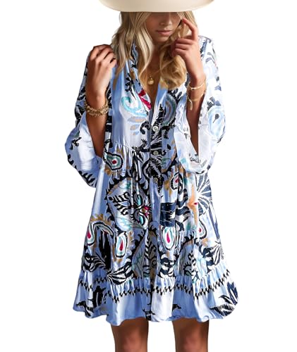 Image of Summer Dresses for Women 2026 Flowy Ruffle 3 /4 Sleeve V Neck Tiered Casual Babydoll Boho Beach Mini Dress