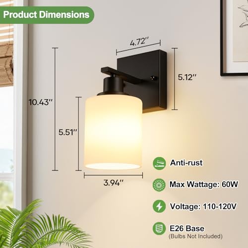 Image of MOKATNG Set of 2 Wall Sconces for Bathroom,Black Modern Vanity Lights with White Glass Shade,Bathroom Wall Lamp for Mirror Kitchen Living Room Hallway Cabinet Porch