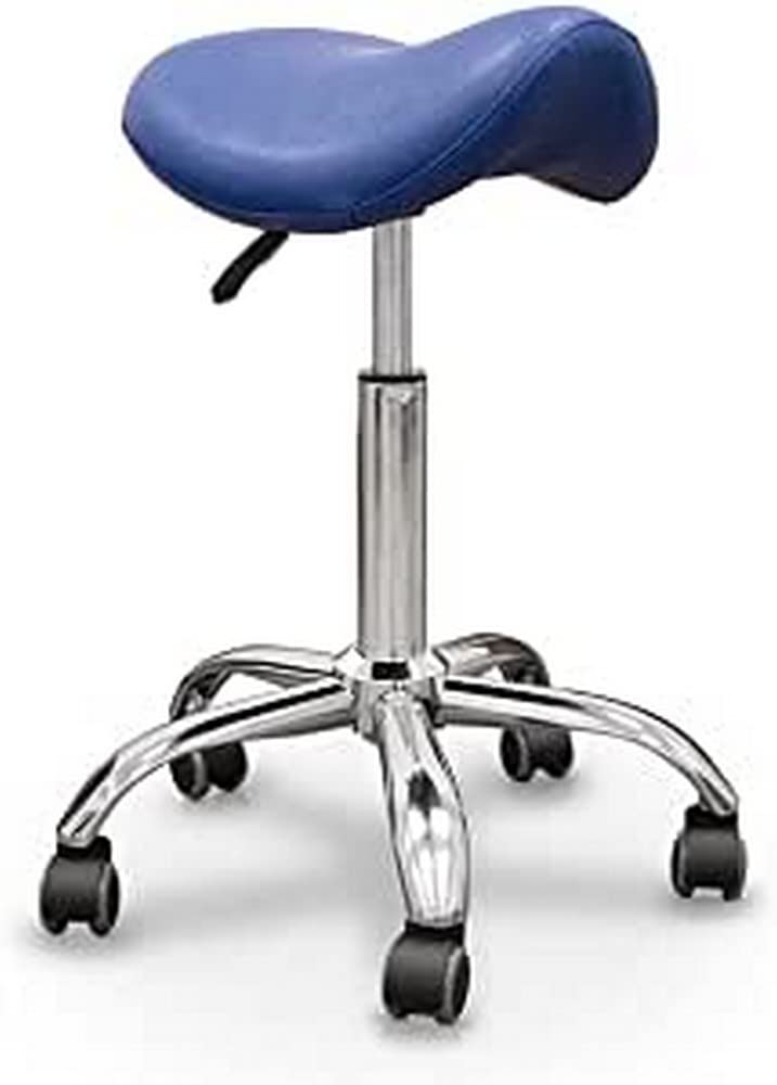 QUIRUMED Taburete Pony, Base cromada con 5 Ruedas, Color Azul, Ergonómico, Ligero, Altura Regulable, Relleno de Alta Densidad, Polipiel, hasta 150 kg