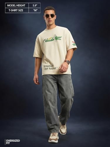 Image of Veirdo Men's Oversized T-Shirt | 240 GSM | Pure Cotton | Drop Shoulder | Round Neck | Half Sleeve Graphic Puff Print | Summer Casual Streetwear Loose Fit Tee