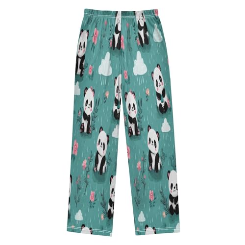Lovely Panda Flower Pattern Pajama Lounge Pants with Pockets Sleepwear Soft Elastic Waist PJ Bottoms 6-14 Years2
