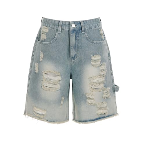 CUTEGAL Vintage Ripped Jeans Summer Baggy Acid Washed Cropped Jeans Grunge Straight Leg Jorts Streetwear Unisex