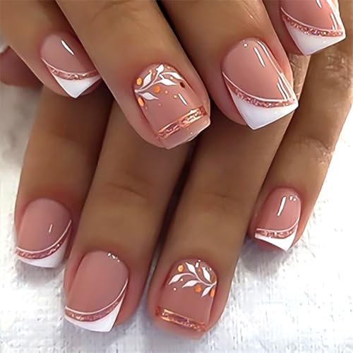 French Press On Nails Short Square, Nude Fake Nails with White French...