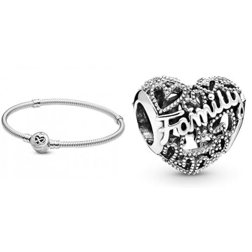 Pandora Armband Moments Herz-Unendlichkeits-Verschluss Silber 599365C00 19 cm & Family Herz Charm Sterling-Silber 8,6 x 10,8 x 11,5 mm (T/H/B)