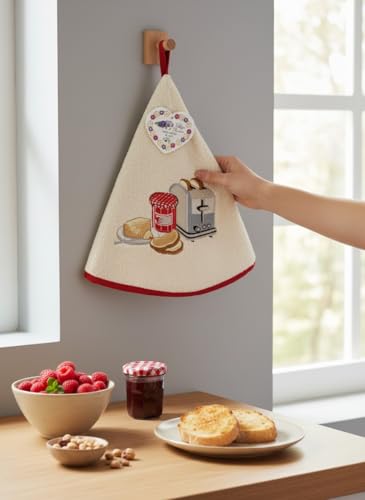 Lot de 2 Torchons Essuie Mains Petit Déjeuner - Essuie Mains Rond Eponge avec Attache - Blanc - Motifs Brodés - Torchon Cuisine Rond 100% Coton - Serviette...