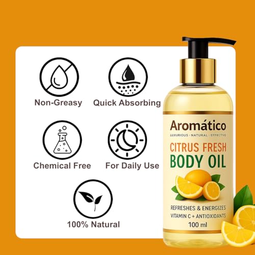 Image of AROMATICO Citrus Fresh Body Oil for Women | Dry Skin-Deep Hydration Formula for Glowing Skin in the Winters | Non-Sticky Texture, for Daily Use after Bath | Cozy & Creamy Fragrance - 100ml