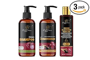 La Decus India Onion Hair Care Kit With Onion Black Seed Hair Oil + Conditioner + Shampoo For Hair Growth With Anti Dandruff And Damage Control Properties Combo Kit Pack Of 600 ml