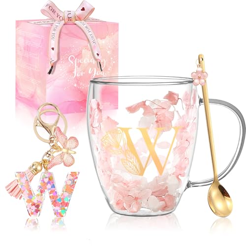 Gifts for Women Cute Monogrammed Double Wall Glass Flower Coffee Mug Initial Tea Cup with Spoon Personalized Christmas Graduation Birthday Gifts Customized Valentine Bridesmaid Bride Wedding Gifts (W)