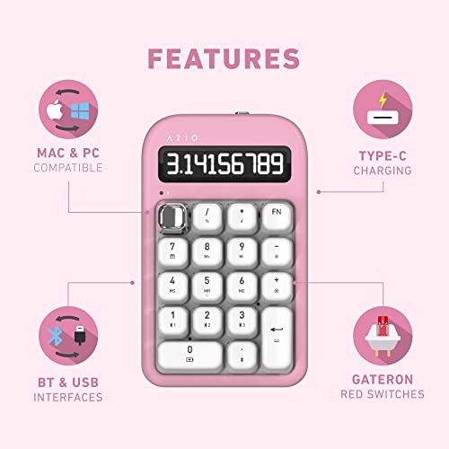 Image of AZIO IZO Wireless Mechanical Calculator & Number Pad (Pink /Silver) - Bluetooth 5.0 & USB, Gateron-Red Mechanical Switch, 9 Backlight Modes, Rechargeable, PC & Mac Compatible, Pink Blossom (IN408)