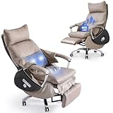 EMIAH Office Chair with Footrest Ergonomic Electric Reclining Office Chair Big and Tall Executive Chair with Massager Computer Desk Chair High Back Comfortable Swivel Chair Genuine Leather (Khaki)