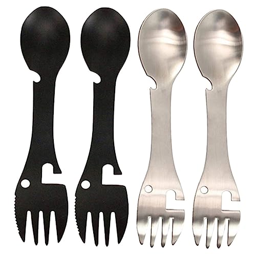 MOBUTOFU 4個 多機能ステンレス製キャンプ用カトラリー 点入り フォークスプーン缶切り付き ポータブル耐久性アウトドア食器 キャンピング用