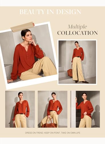 Dokotoo Womens Tops Dressy Casual Lantern Long Sleeve Shirts Fall Outfits Textured Business Blouses V Neck Button Down Shirts4