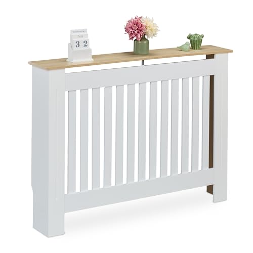 Relaxdays Cubre Radiador, Diseño a Listones, 83 x 112 x 19 cm, para Calefactores Antiguos, Cubreradiador, MDF, Blanco, Tablero de Fibras, L