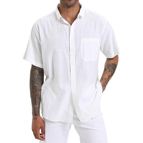 YAOGRO Men's Cotton Linen Beach Summer Shirts Casual Stylish Short Sleeve Button Down Regular Fit Dress Tops with Pocket White Cover