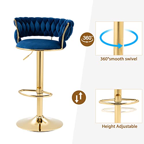 Kivenjaja Velvet Woven Bar Stools Set Of 2, Modern Height Adjustable Swivel Barstools Counter Chairs With Back & Golden Metal Base For Pub, Kitchen, Cafe (Navy Blue) #TOP4
