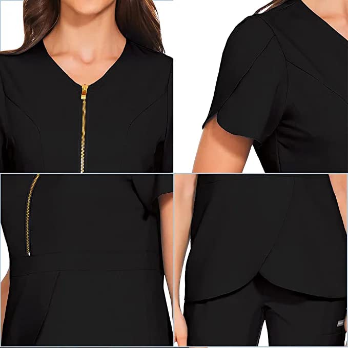 niaahinn Stretch V-Neck Scrub Top & Jogger Scrubs Pants Medical Uniform for Nurse Workwear for Women (Black, S, Small)