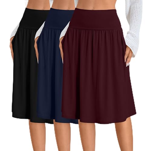 Ficerd 3 Pack Women's Knee Length Casual Skirts with Pockets, Flared High Waisted Midi Pleated Flowy a Line Summer Skirts
