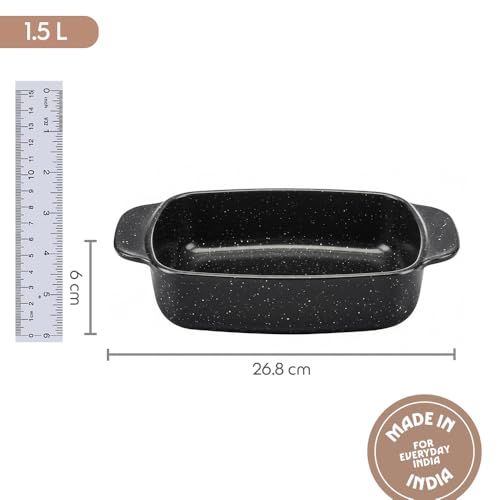 Image of Borosil 1.5 L Baking & Serving Dish | Borosilicate Glass Rectangle Shape Bakeware and Serveware Casserole Dish Tray | Microwave, Oven & Dishwasher Safe Bowl (Pebble Black)