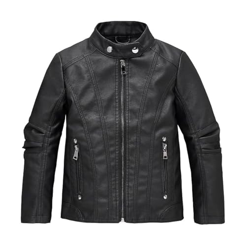 Lengender Blouson de Motard en Simili Cuir pour Enfant garçon - Manches Longues - Veste en Imitation Cuir Printemps Automne (Noir, 140)